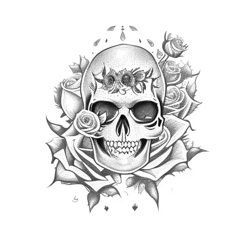 girly  skull with rose and sunflowers coming out of the top tattoo design idea