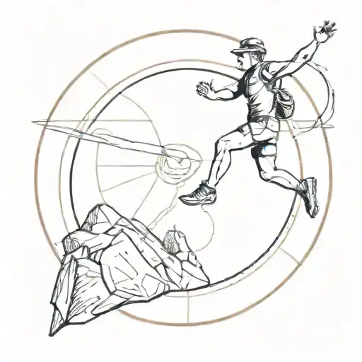 A minimalist tattoo of a trail runner jumping over a sci-fi portal tattoo design idea