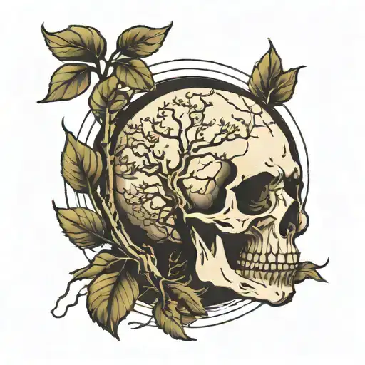 tree growing out of skull and moon with lines through it tattoo design idea