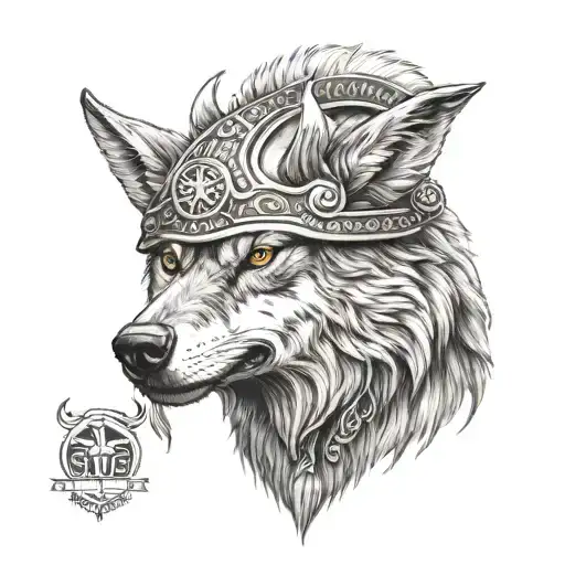 A realistic portrait of a wolf wearing a viking helmet tattoo design idea