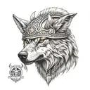 A realistic portrait of a wolf wearing a viking helmet tattoo design idea