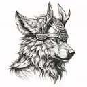 A realistic portrait of a wolf wearing a viking helmet tattoo design idea