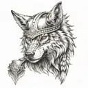 A realistic portrait of a wolf wearing a viking helmet tattoo design idea
