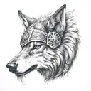 A realistic portrait of a wolf wearing a viking helmet tattoo design idea