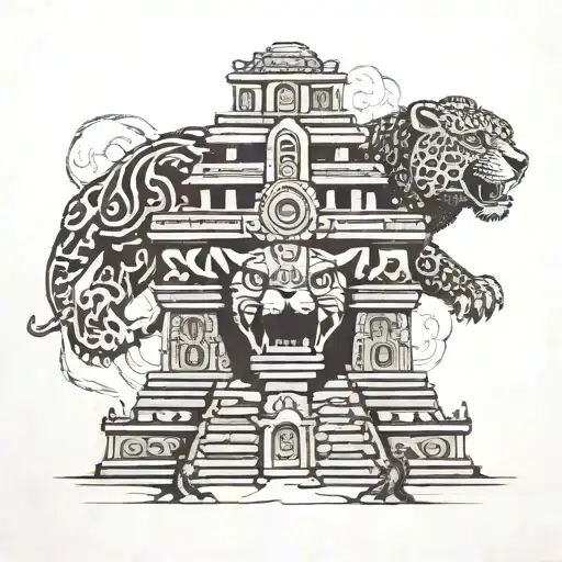 Mayan temple emerging from jaguar headress. on top of temple a Christian cross emerges from smoke  tattoo design idea