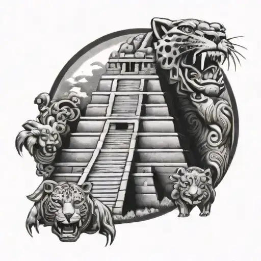 Mayan temple emerging from jaguar head tattoo design idea