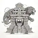 Mayan temple emerging from jaguar headress. on top of temple a Christian cross emerges from smoke  tattoo design idea
