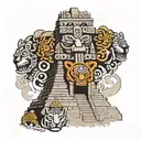 Mayan temple emerging from jaguar headress. on top of temple a Christian cross emerges from smoke  tattoo design idea
