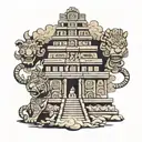 Mayan temple emerging from jaguar headress. on top of temple a Christian cross emerges from smoke  tattoo design idea