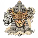 Mayan temple emerging from jaguar headress. on top of temple a Christian cross emerges from smoke  tattoo design idea