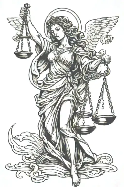 flowing blindfolded lady justice intertwined tattoo design idea
