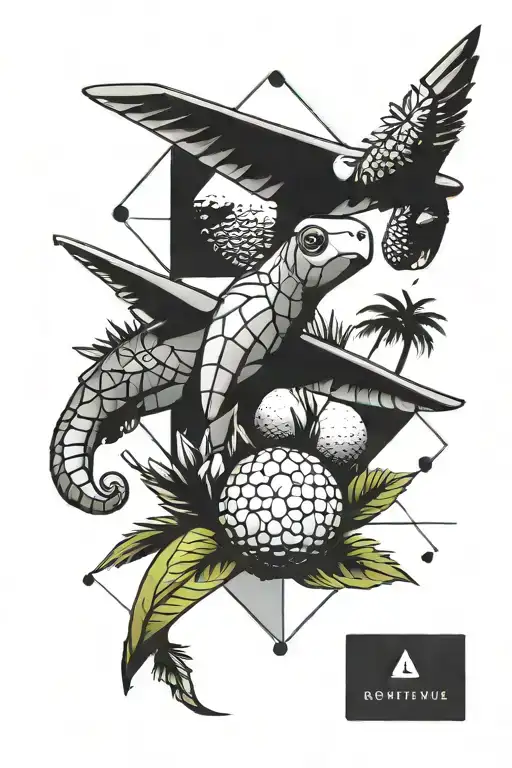 geometric design with plane, golf, a palm tree, thistle and small turtle tattoo design idea