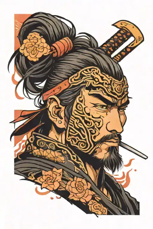 Against the backdrop of a colorful sunset, a courageous samurai in black clothes is depicted with a serious expression on his face. Behind him, in tattoo design idea