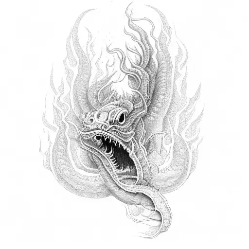 An intricate dotwork design of a demonic eel emerging from the water tattoo design idea