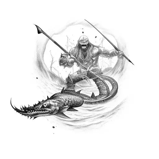 A black-grey tattoo of a spearfisherman battling a monstrous demonic eel tattoo design idea