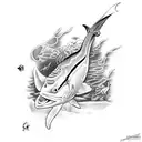Spearfishing with a conger eel in a shipwreck tattoo design idea
