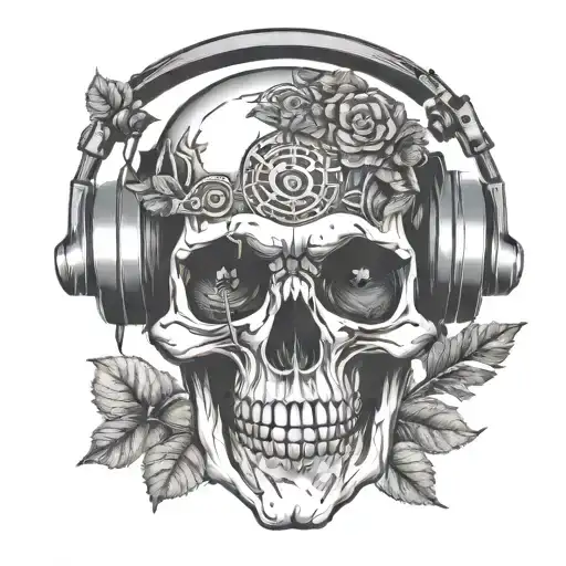 mushroom third eye skull wearing headphones tattoo design idea