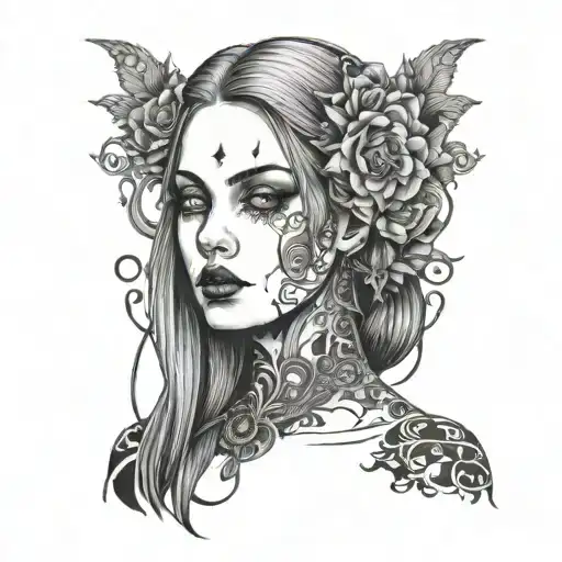 a beautiful girl, gothic style, black white, frontal plane, ornamental tattoo design idea