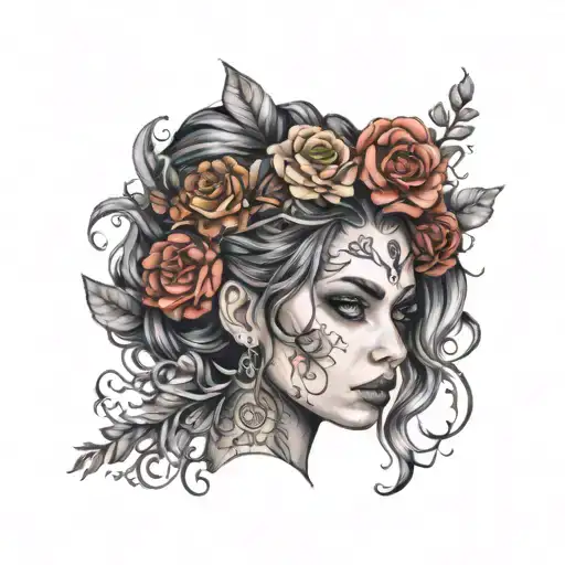 A beautiful girl with floral hair, focused, gothic style, colored acrylic paint, highly defined face tattoo design idea