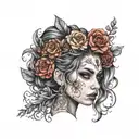 A beautiful girl with floral hair, focused, gothic style, colored acrylic paint, highly defined face tattoo design idea