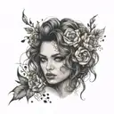 A beautiful girl with floral hair, focused, gothic style, colored acrylic paint, highly defined face tattoo design idea
