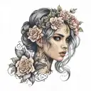 A beautiful girl with floral hair, focused, gothic style, colored acrylic paint, highly defined face tattoo design idea