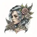 A beautiful girl with floral hair, focused, gothic style, colored acrylic paint, highly defined face tattoo design idea