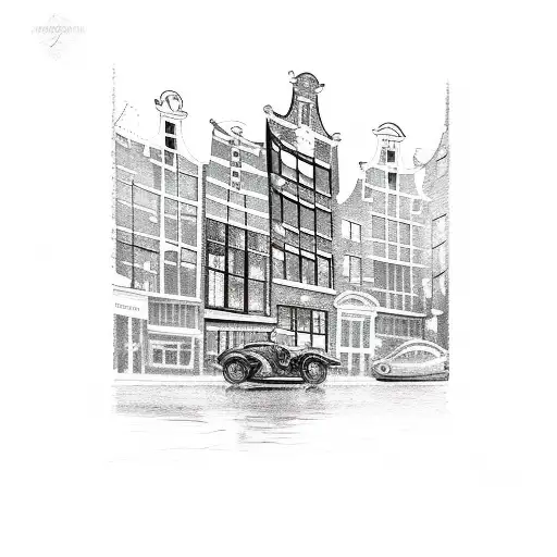 A detailed sketch of a vintage car driving through the streets of Amsterdam tattoo design idea