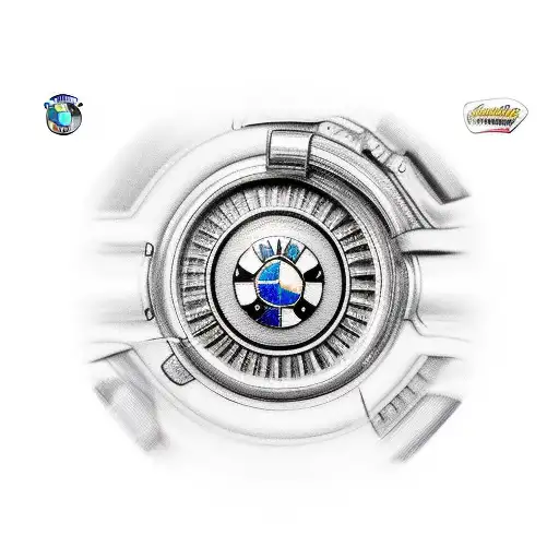 A realistic portrait of a scaffolder working on a BMW engine tattoo design idea