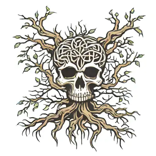 willow tree with roots, celtic skull tattoo design idea