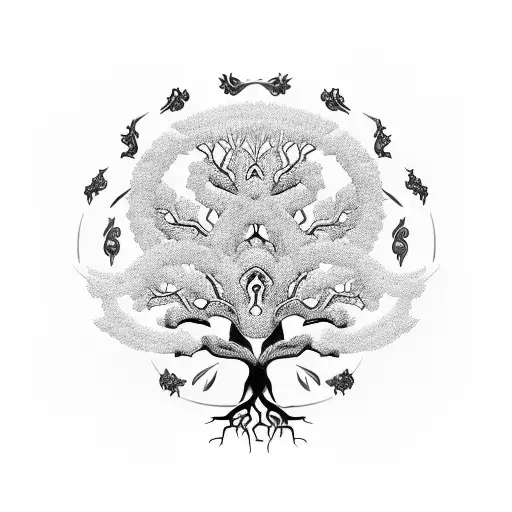 A mystical tree with roots made of intertwined dollar bills, branches reaching towards the heavens, and leaves shaped like religious symbols, representing the client's belief in the divine connection between wealth and spirituality. tattoo design idea