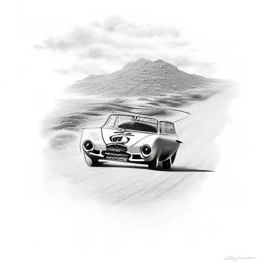 Create a detailed tattoo featuring a vintage European car racing through the Algerian desert, capturing the essence of speed and heritage tattoo design idea