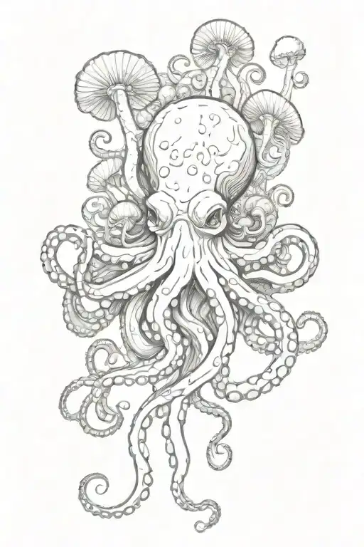 octopus with lots of mushrooms coming out of it's head tattoo design idea
