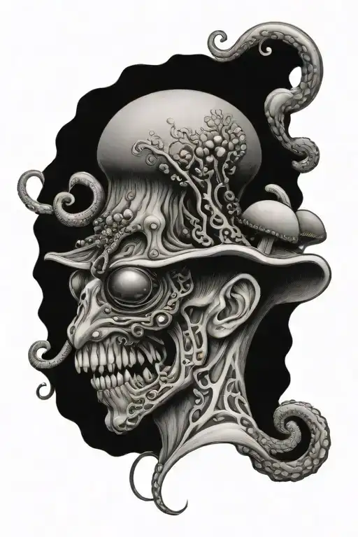 octopus and mushroom coming out of his head tattoo design idea