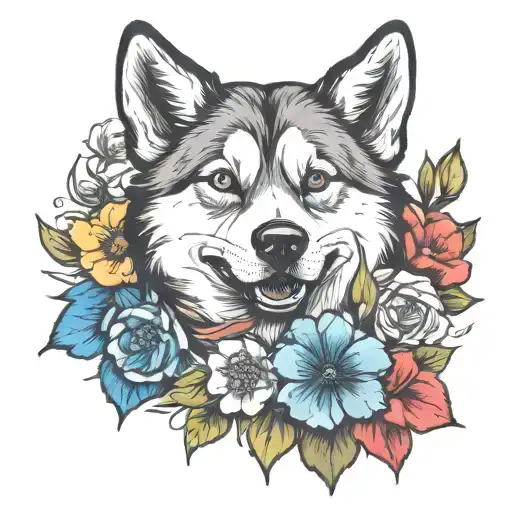 husky and flowers wrapped tattoo design idea