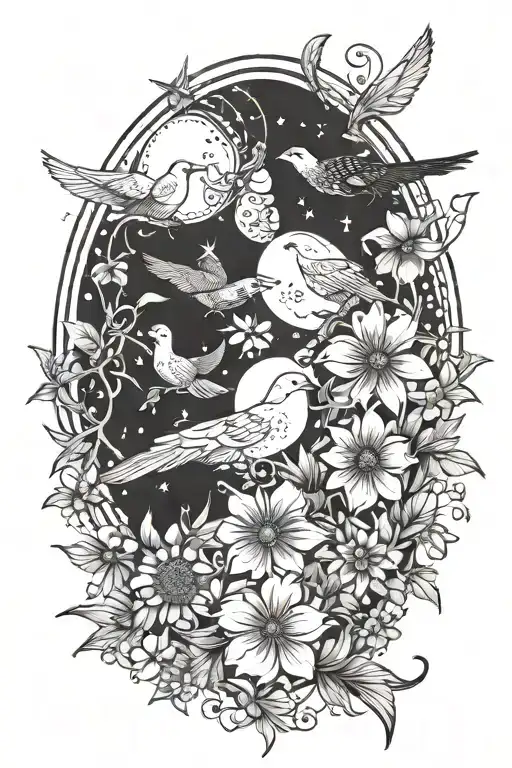 birds, flowers sun and stars with room for 5 names in it  tattoo design idea
