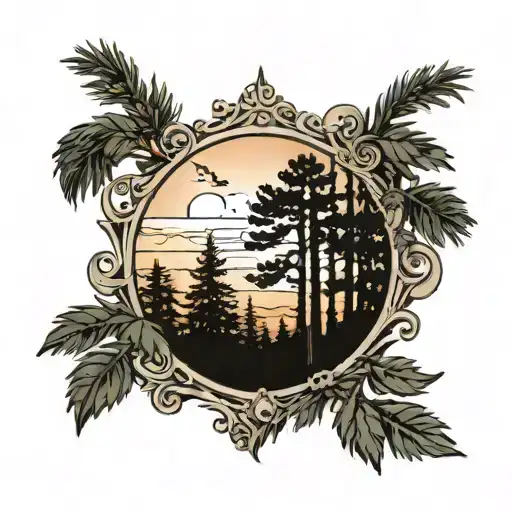 pine trees in foreground, clearing in background, templed in twilight or dawn, scrollwork framing.  tattoo design idea