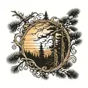 pine trees in foreground, clearing in background, templed in twilight or dawn, scrollwork framing.  tattoo design idea