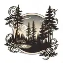 pine trees in foreground, clearing in background, templed in twilight or dawn, scrollwork framing.  tattoo design idea