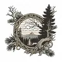 pine trees in foreground, clearing in background, templed in twilight or dawn, scrollwork framing.  tattoo design idea