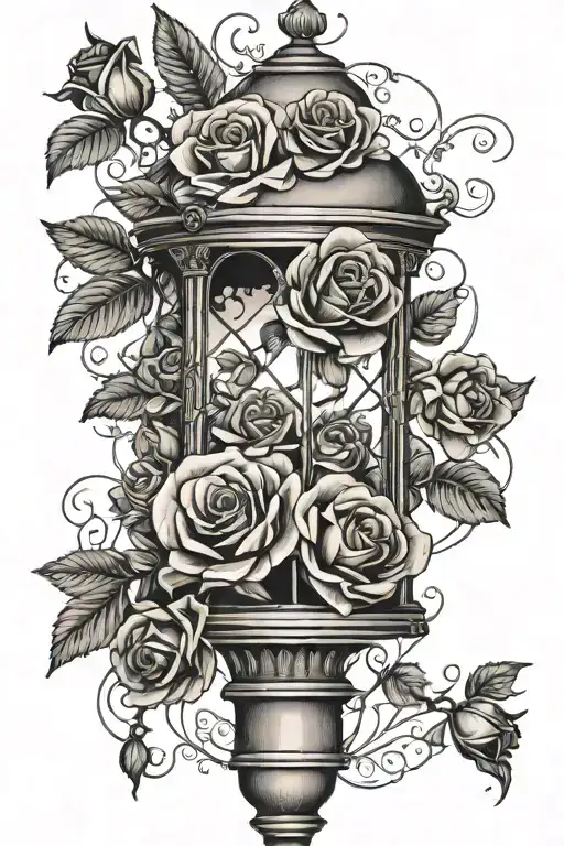 19th century lamp post with roses twining around it tattoo design idea