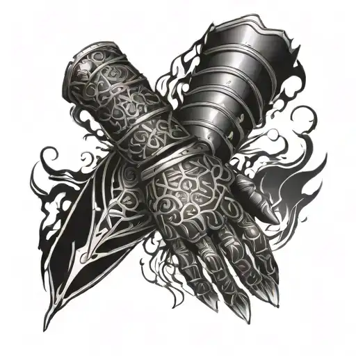 Armor Gauntlet with elements, fire, wind, earth and water tattoo design idea