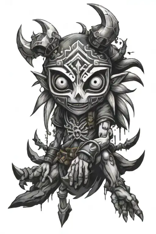 Legend of Zelda Majoras Mask full sleeve tattoo. Link is zombie like and other characters too tattoo design idea