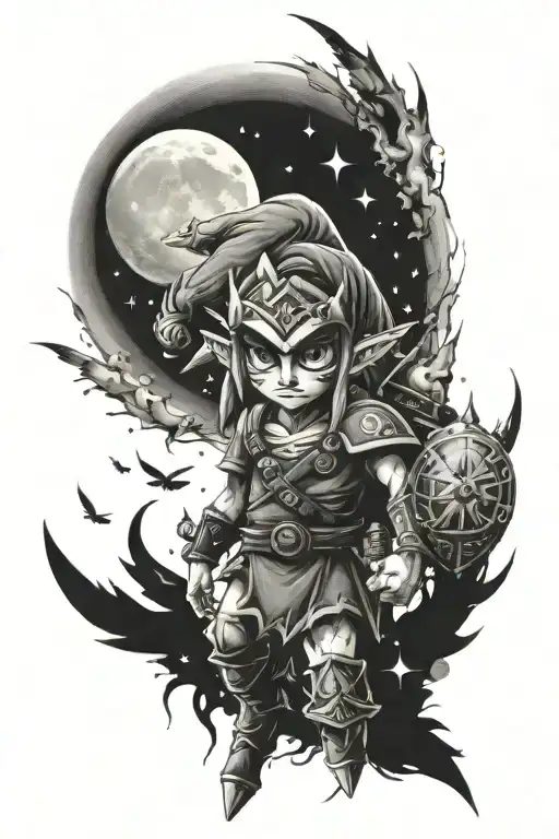 Legend of Zelda Majoras Mask full sleeve tattoo. The moon is at the top. underneath the moon is fairies and master sword tattoo design idea