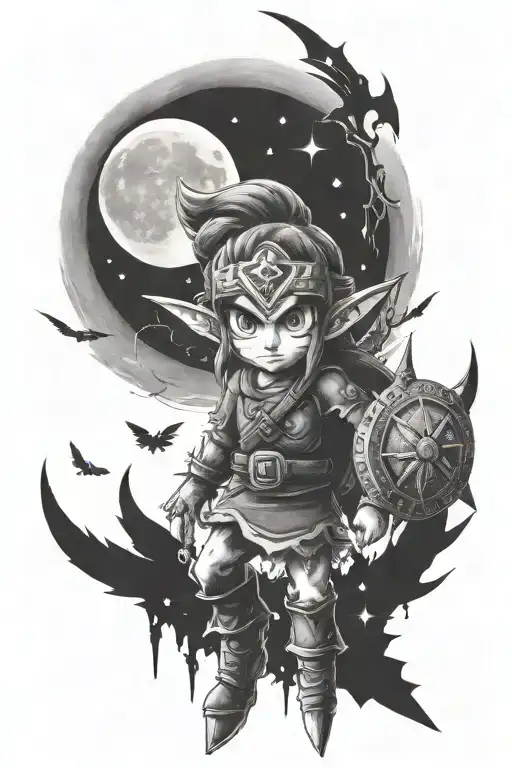 Legend of Zelda Majoras Mask full sleeve tattoo. The moon is at the top. underneath the moon is fairies and master sword tattoo design idea