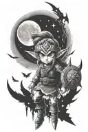 Legend of Zelda Majoras Mask full sleeve tattoo. The moon is at the top. underneath the moon is fairies and master sword tattoo design idea