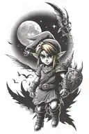 Legend of Zelda Majoras Mask full sleeve tattoo. The moon is at the top. underneath the moon is fairies and master sword tattoo design idea