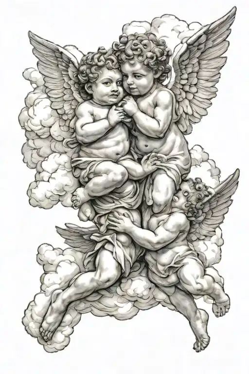 two cherubs in different positions among the clouds tattoo design idea