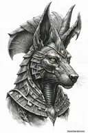 Anubis face with light casting across the high points of his face from a very bright object that you can choose tattoo design idea