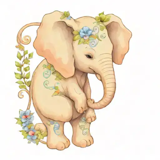 baby elephant holding forget me nots encircled by a heart created with a bass and treble clef tattoo design idea